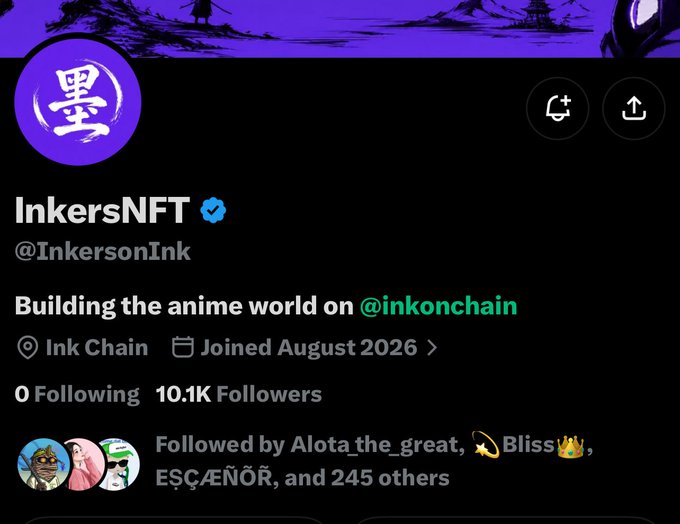 A Twitter/X profile page for InkersNFT (@InkersonInk) with a verified checkmark, showing 10.1K Followers and the bio 'Building the anime world on @inkonchain'.