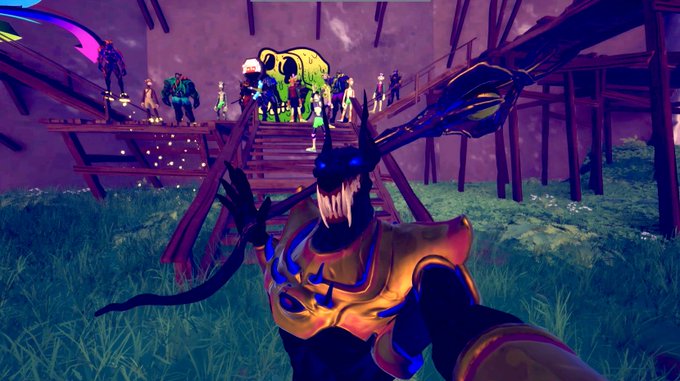 A screenshot from a video game depicts a menacing armored creature with glowing blue eyes and golden chest armor wielding a weapon, while a group of characters stands on wooden platforms in the background.