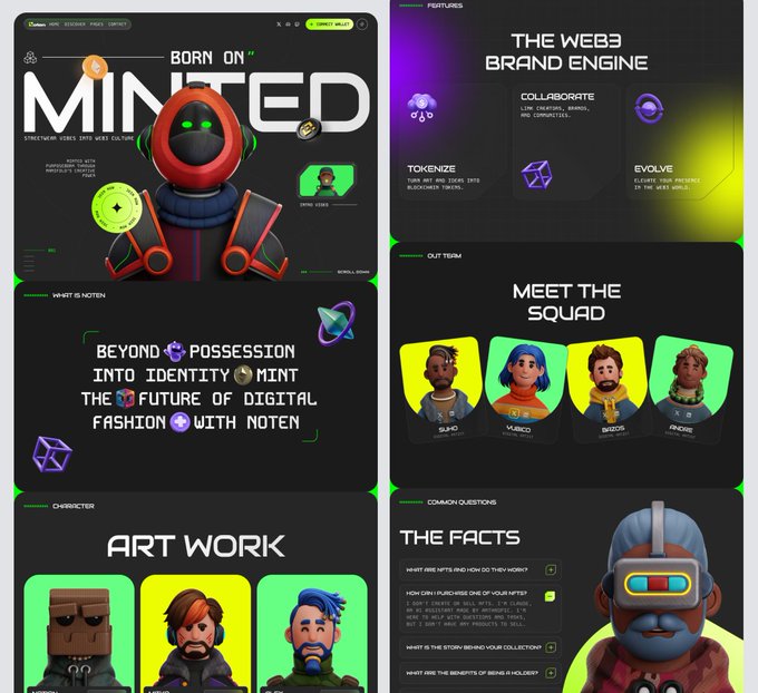 A web design mockup for 'NOT3N' featuring a red-hooded robot mascot, showcasing sections like 'The Web3 Brand Engine', 'Meet the Squad', 'Art Work', and 'The Facts'.
