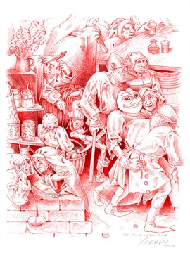 Red ink illustration depicting a crowded scene with multiple characters, including clown-like figures and what appears to be a scene of theatrical or circus activity.