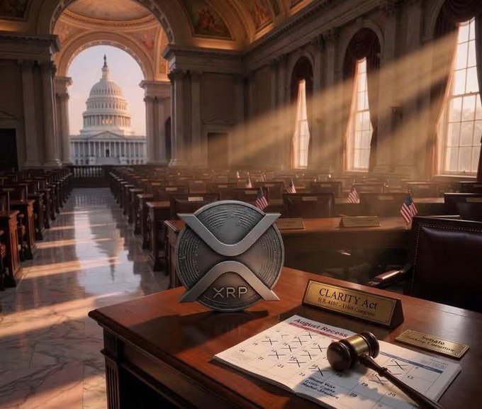 A stylized rendering of the U.S. Senate chamber, with a view of the Capitol dome through the archway, features an oversized XRP coin prominently displayed on a desk beside a "CLARITY Act" nameplate and a calendar marked with X's—symbolizing the missed votes during August recess. The image visually reinforces the post's frustration that crypto regulation was left in limbo while lawmakers went on vacation without passing the bill.