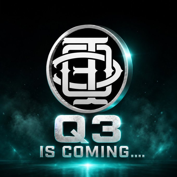 Dramatic metallic logo with 'Q3 IS COMING...' text glowing in cyan light against a dark smoky background.