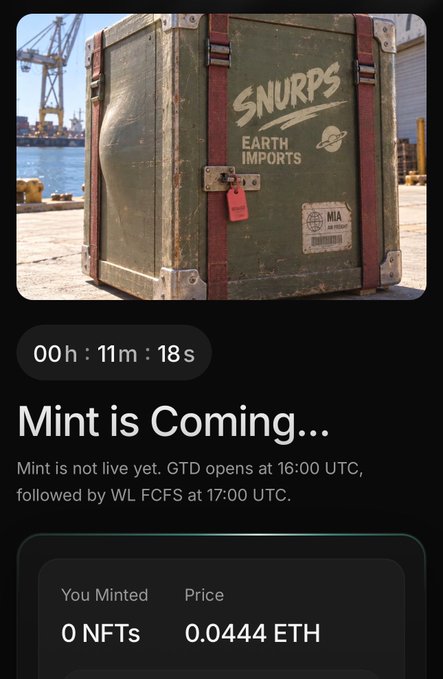 A digital interface shows a 'Mint is Coming...' countdown timer at 00h:11m:18s for an NFT collection called 'SNURPS EARTH IMPORTS', priced at 0.0444 ETH.