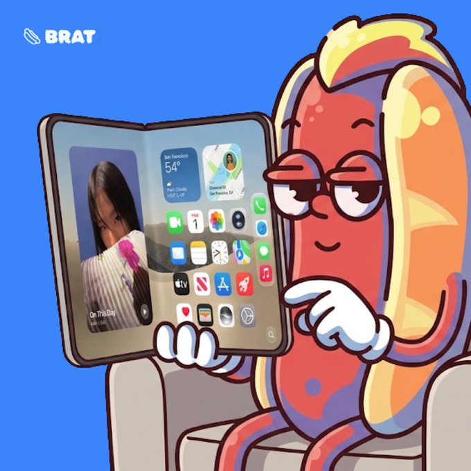 An illustration of a red and yellow hot dog mascot with glasses, holding a smartphone displaying the home screen, with the logo 'BRAT' in the corner.
