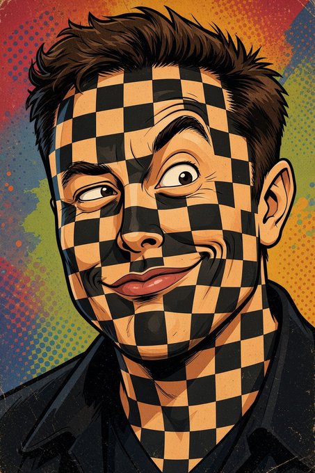 A pop-art style illustration of a man with brown hair, smiling with his face painted in a black and orange checkerboard pattern against a colorful, splattered background.