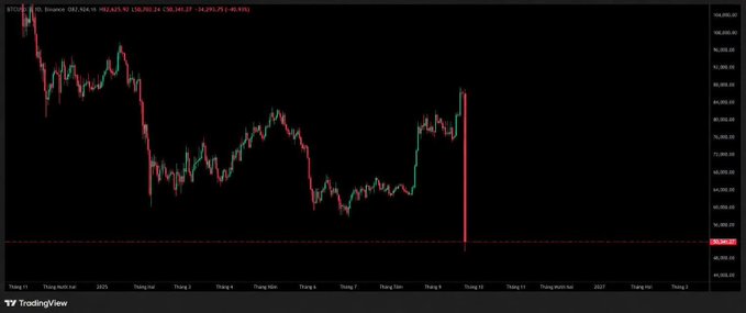 The chart shows Bitcoin's price (BTCUSD) plummeting dramatically on Binance, with a massive red candle dropping toward the $50,000 level on TradingView's 1D timeframe. This visualizes the poster's panic over the sharp BTC dump, which fell from $87,000 the previous day to levels they can't fathom, suggesting fears of an early black swan event that has wiped out their holdings.