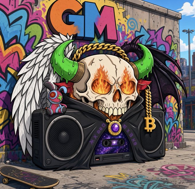 A vibrant street art illustration features a flaming skull with green horns and angel wings, flanked by black speakers, set against a graffiti-covered wall with 'GM' at the top, a Bitcoin symbol, and a voodoo doll accessory.