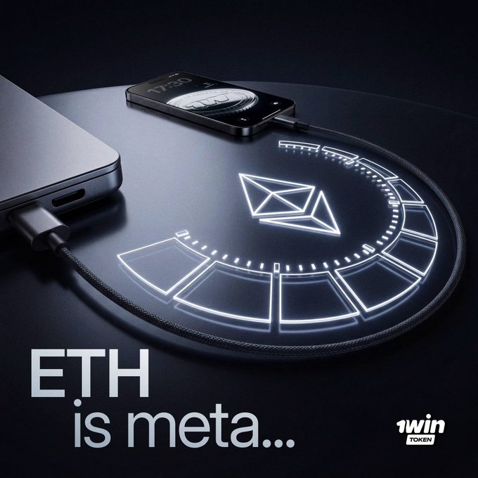The image shows a smartphone connected via cable to a laptop on a glowing wireless charging pad featuring the Ethereum (ETH) logo design, with text reading "ETH is meta..." and a "1WIN TOKEN" logo in the corner. The ad visually promotes Ethereum by associating it with the popular "meta" meme format, aligning with the post asking followers to choose between $ETH and $SOL.