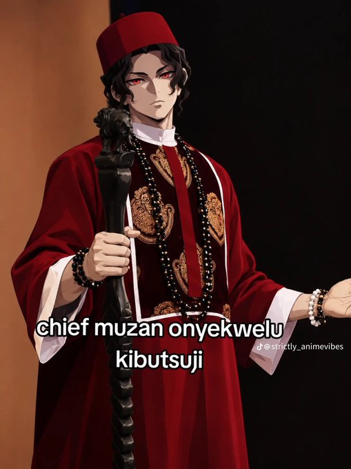 Anime-style character Muzan Kibutsuji in red traditional clothing holding a sword, with overlaid text reading “chief muzan onyekwelu kibutsuji” and the watermark “@0 strictly_animevibes.”