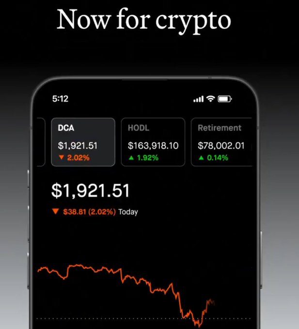 The image shows a crypto portfolio app displaying $1,921.51 (DCA), $163,918.10 (HODL), and $78,002.01 (Retirement) on a phone screen, with a downward-trending red chart indicating a 2.02% loss. The caption "Now for crypto" along with the $401k conviction aligns with the HODL portfolio value, suggesting a long-term bullish outlook despite the current dip shown on the chart.