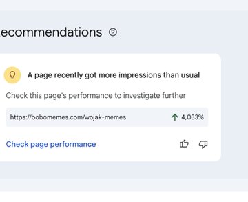 Screenshot of a recommendations notification stating 'A page recently got more impressions than usual' for the URL bobomemes.com/wojak-memes, showing a 4,033% increase.