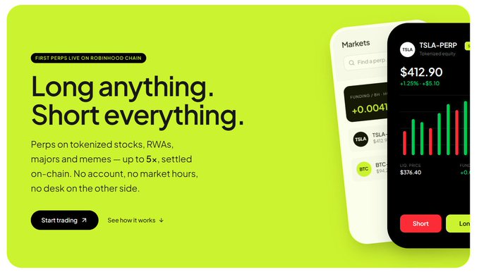 Promotional graphic with a bright green background reading 'Long anything. Short everything.' advertising first perps live on the Robinhood Chain, showing a mobile trading app interface.