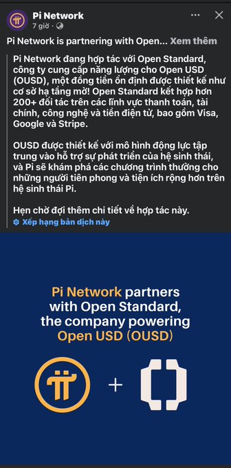 Screenshot of a social media post from Pi Network announcing a partnership with Open Standard, the company powering Open USD (OUSD), with text in Vietnamese describing their collaboration with 200+ partners including Visa, Google, and Stripe.