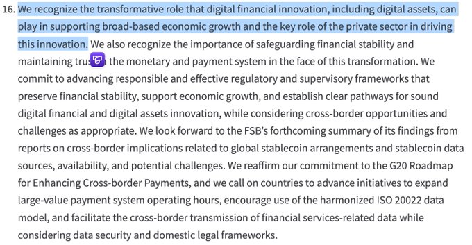 A highlighted text excerpt from a G20 document discussing digital financial innovation, private sector role, and stablecoin regulations, with section 16 visible.
