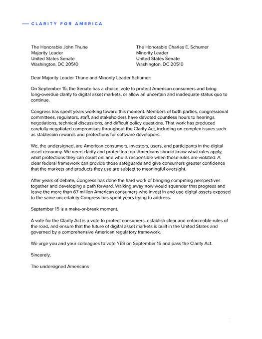 A letter titled 'CLARITY FOR AMERICA' addressed to Majority Leader John Thune and Minority Leader Charles E. Schumer, urging Congress to pass the Clarity Act to bring clarity to digital asset markets, establish safeguards for consumers, and allow American digital assets to innovate.