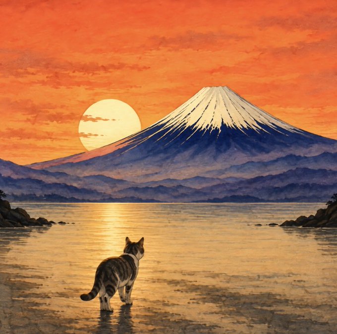 A serene Japanese-style watercolor painting showing a tabby cat standing in shallow water, gazing toward a snow-capped Mount Fuji under a vibrant orange sunset sky with a large sun.