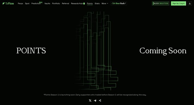 TvFlow website screenshot showing a 'POINTS - Coming Soon' announcement, noting Points Season 1 is launching soon with recognition for early supporters who traded during Season 1.