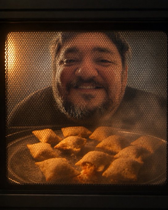 A bearded man smiles gleefully through an oven door at a tray of golden, crispy pastries baking inside, perfectly capturing the triumphant, "everything's going great" vibe of celebrating Bitcoin's price surge.