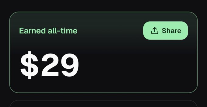 The image shows a dark-themed earnings dashboard displaying "Earned all-time" with a total of $29, alongside a green "Share" button. This modest figure humorously illustrates the poster's point about the unrealistic earnings claims made by successful traders with verified badges and numerous copy-trading bots, contrasting their displayed success with the much smaller reality faced by casual "broke dad" retail investors.
