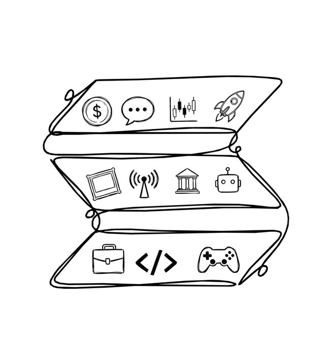 A black-and-white line drawing of a multi-tiered organizer or shelf containing various icons representing money, messaging, trading, rockets, frames, signals, banks, robots, briefcases, code, and gaming.