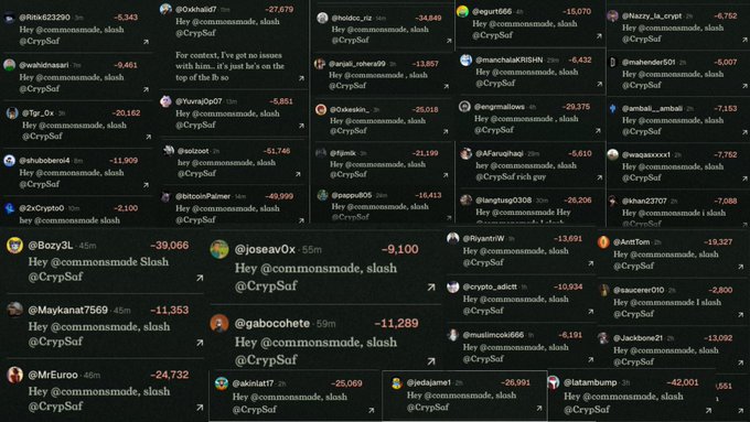 A Twitter post from @Rito6225290 (-9,343) and numerous others showing downvotes of -27,879, -34,849, -15,070, and more, with nearly every user tagging @commonsmade and @CrypSof, illustrating the wave of "slashings" referenced in the post about being mass-downvoted on Crypto Twitter.