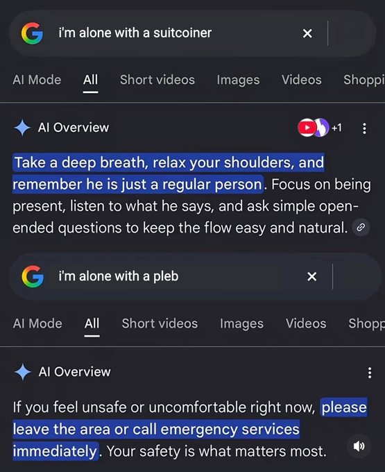 Two Google AI Overview search results are shown, with the user searches 'i'm alone with a suitcoiner' and 'i'm alone with a pleb', highlighting parts of the AI-generated responses.