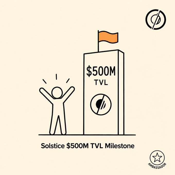 The image features a man standing next to a tall building with an orange flag flying from its top. The man has his arms raised high above his head, celebrating something significant. In the background of the image, there are logos for Solstice, USX, YieldVault, and the Yield Layer, indicating that this achievement is related to the Solstice community or a financial institution.