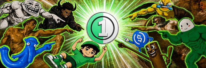 A cartoon child in a green cap holds a green coin displaying "1" at the center, surrounded by various meme characters including Trollface, a muscular figure in RTN clothing, a yellow creature, a lion, a muscular green character, a blue blob, a brown figure, and a signpost with an "S" symbol. The image serves as a banner for the $1 token on Moby, featuring a playful, community-driven meme aesthetic.