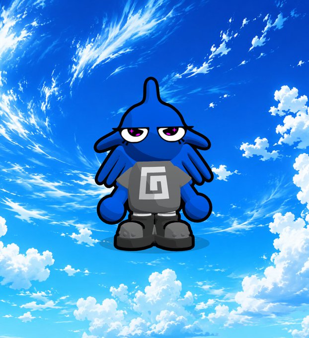 A digital illustration of a blue, squid-like cartoon character with purple eyes, wearing a gray shirt with a white logo, standing against a bright blue sky background.