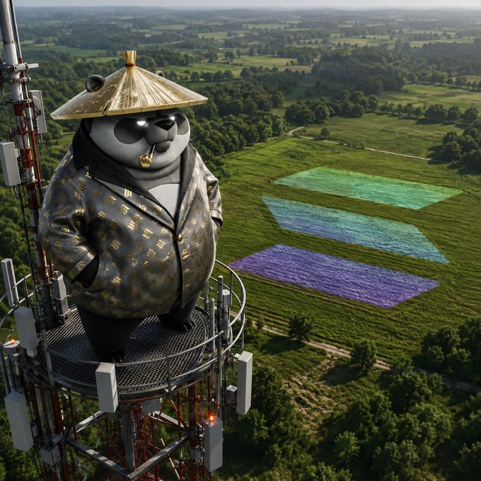 A panda wearing a golden straw hat and a monogrammed jacket stands atop a cell tower overlooking vast green fields marked with colorful rectangular patches. The image complements the post's message of "rising above the crowd" to gain clarity and perspective, embodying the mindful, elevated viewpoint that invites quiet reflection amid life's noise.