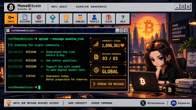 The image shows a retro-styled "MemeBitcoin" terminal interface titled "MBTC Quest · Quantum Awareness," displaying a mission log with three objectives (understanding quantum risk before Q-day, asking better questions, and supporting quantum-safe crypto work), alongside a 1,096,361 community signal count and a "Spread the Message" button, visually echoing the post's call to proactively raise quantum awareness and prepare for future cryptographic threats.