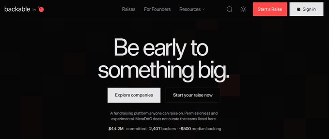 A website screenshot for 'backable' with the tagline 'Be early to something big,' showing $44.2M committed from 2,407 backers with a $500 median backing.
