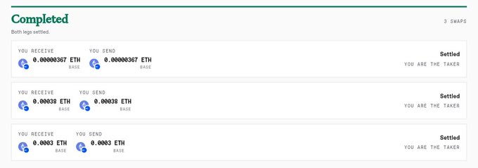A screenshot of a cryptocurrency exchange interface shows three completed ETH swaps marked as 'Settled' with the user designated as 'THE TAKER'.