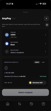 A mobile screenshot of the AnyPay app showing USDC and Base token options for sending payments, with amounts of 50 USDC and 80.20 displayed.