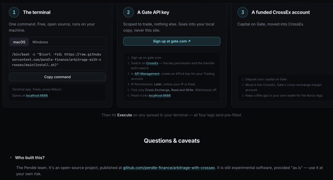 A dark-themed tutorial webpage showing three steps for an open-source 'Pendle' arbitrage tool: '1 The terminal', '2 A Gate API key', and '3 A funded CrossEx account', with a curl command visible.