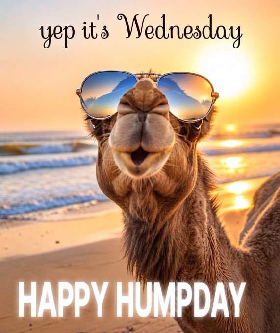 A smiling camel wearing reflective sunglasses on a beach at sunset, with text 'yep it's Wednesday' at the top and 'HAPPY HUMPDAY' at the bottom.