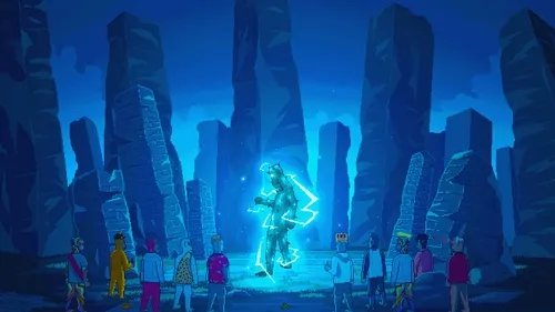 An animated scene depicting a group of people standing in a blue-lit stone chamber, watching a glowing figure that appears to be lightning or energy.