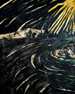 A stylized, dark-toned painting depicting a turbulent sea or landscape with swirling strokes of white, green, and black under a glowing yellow sun or light source.