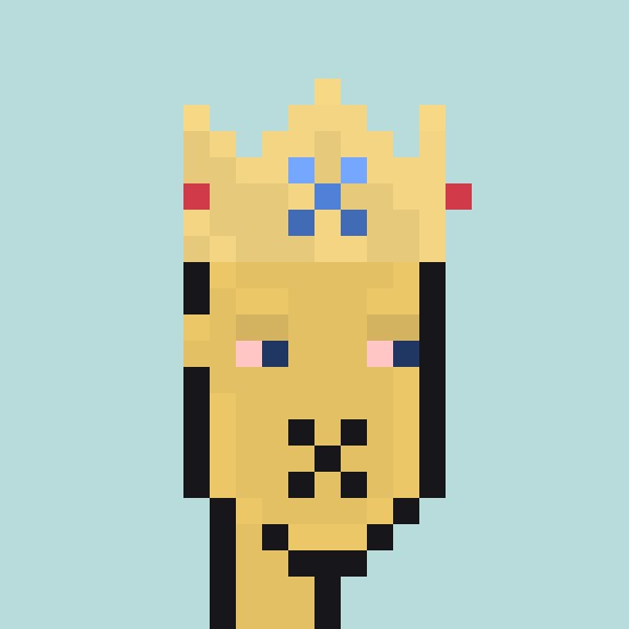 A pixel art illustration of a yellow/gold humanoid character with a crown-like head, blue eyes, red ear accents, and a simple smiling face on a light blue background.