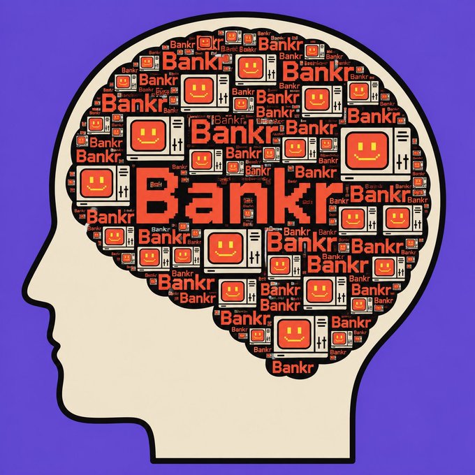 An illustration of a head silhouette filled with a pattern of red 'Bankr' logos and smiling computer monitor icons on a purple background.