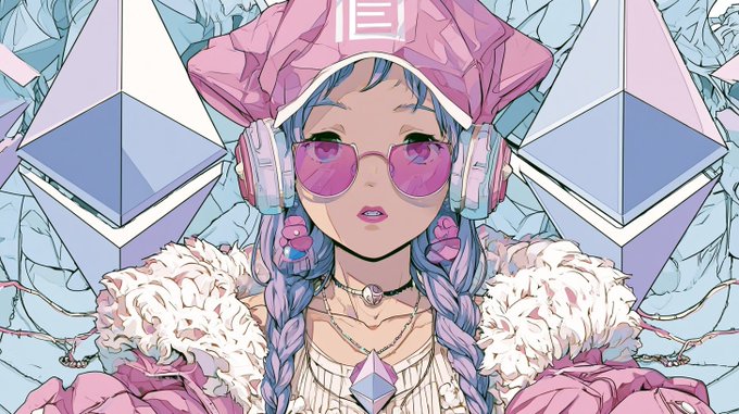 An anime-style illustration of a character with blue braided hair, pink sunglasses, and a pink hooded jacket with a fur collar, set against a geometric pastel background.
