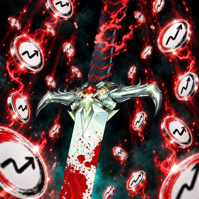 A dramatic digital artwork featuring an ornate sword with a blood-stained blade, surrounded by floating coins bearing a wavy 'N' logo against a dark, fiery red background.