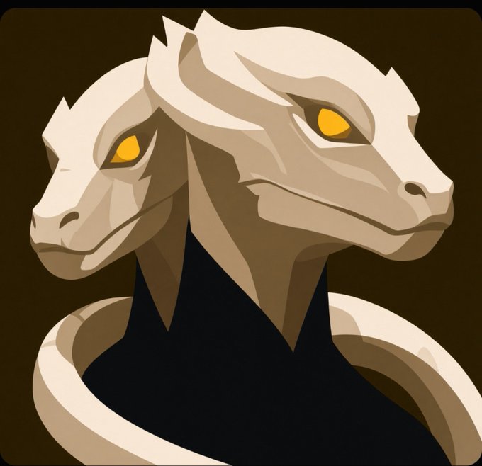 A digital artwork depicting a two-headed reptilian creature, resembling a hydra, with yellow eyes and tan scales against a dark background.