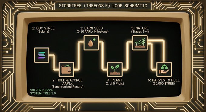A 'STONKTREE (TREEONS F) LOOP SCHEMATIC' diagram outlines a 6-step process: 1. Buy STREE (Solana), 2. Hold & Accrue AAPLx (Synchronized Record), 3. Earn Seed (0.10 AAPLx Milestone), 4. Plant (1 of 5 Plots), 5. Mature (Stages 1-4), and 6. Harvest & Pull (30,000 STREE), noting Solvent 99% and System Tree 1.0.