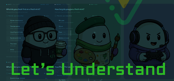 The image features three mascot characters over a faint background of quiz-style forms, with the bold green text "Let's Understand" overlaid. The accompanying post emphasizes the importance of accurately reading market charts and crowd sentiment to identify undervalued early-stage posts, tying the "understanding" theme to trader profile analysis on pumpability.fun.