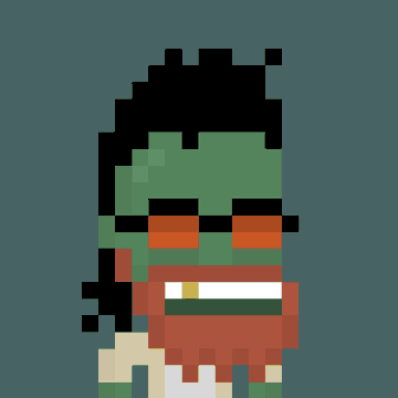 The image features a cartoon character wearing glasses and a beard, which appears to be a green zombie or robot-like figure. The character has a unique facial expression that seems to convey a sense of humor or playfulness. In the background, there is text that reads "Hello @OnChainAllStars fam! I just bought the rare zombie ocas on the left for 0.018eth, ok fine. Then I decided to burn two human ocas to receive a new one, the onchain lottery gave me another rare zombie on the right. The onchain god is with me". This text seems to be related to the character's actions in the image and could be part of an online discussion or social media post about the character.