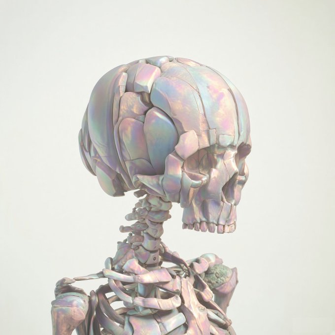 A 3D rendered skeletal bust with an iridescent, pearlescent pink, blue, and purple finish shown against a plain white background.