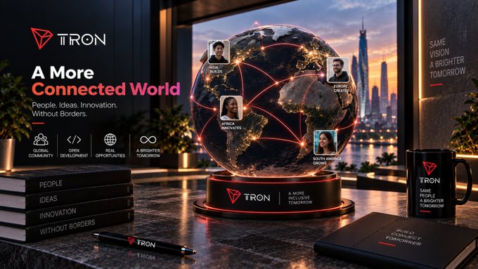 A promotional graphic for TRON featuring a glowing globe with connected nodes showing people from different regions (Asia, Europe, Africa, South America) and text reading 'A More Connected World' and 'People. Ideas. Innovation. Without Borders.'