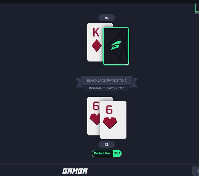 A blackjack game interface showing the dealer has a K and a face-down card (10 total), while the player has a pair of 6s (12 total) with a Perfect Pair 25:1 payout available.