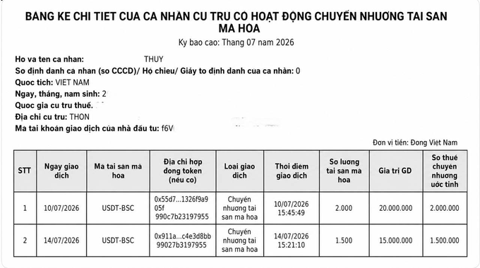 A Vietnamese tax declaration form titled "BẢNG KÊ CHI TIẾT CỦA CÁ NHÂN CƯ TRÚ CÓ HOẠT ĐỘNG CHUYỂN NHƯỢNG TÀI SẢN MÃ HÓA" detailing two crypto asset transfers (USDT-BSC) for the month of July 2026.